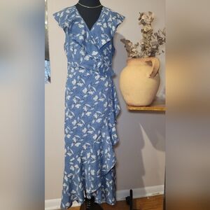 Max Studio Blue Floral Ruffle Wrap Midi/ Maxi Dress Cottage Cleangirl Sz L